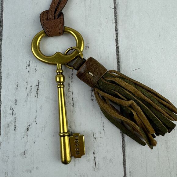 Fossil 4" Large Brass Key Bag Replacement Charm Leather Tassel Strap Keychain - Picture 1 of 6